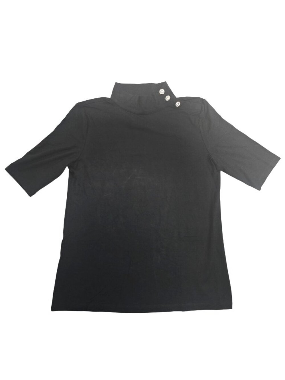 Black Short Sleeve Mock Neck Top With Rhinestone Buttons Womens SP Cotton Blend